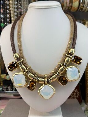 Stunning Gold-Tone Brown Statement Necklace with Opalescent and Amber Stones